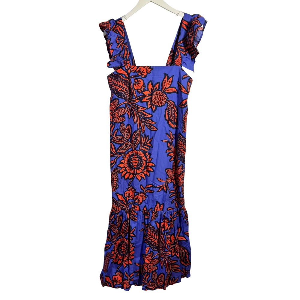 Corey Lynn Calter Blue Orange Floral Ruffle Strap Cotton Maxi Dress Size M
